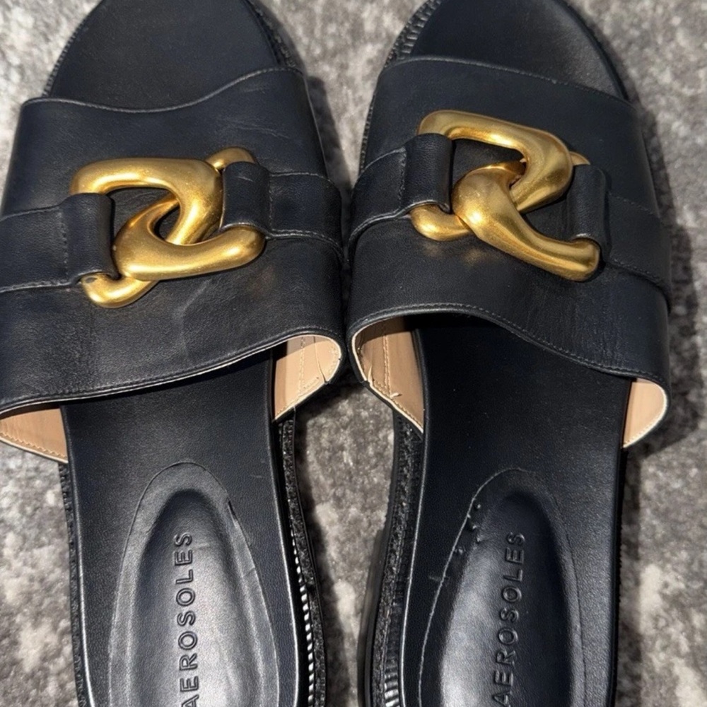 AEROSOLES Black Mules with Gold Detail